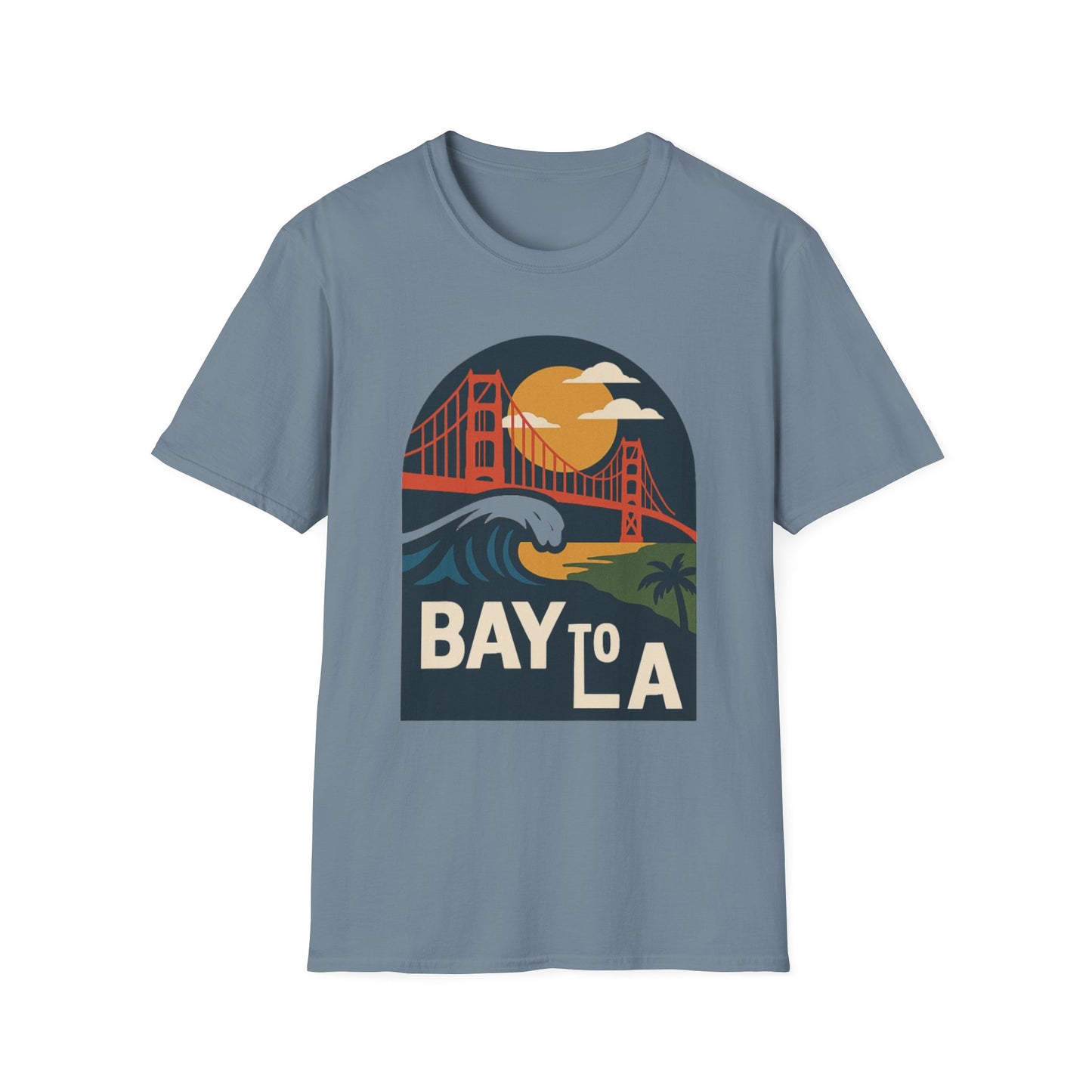 Bay to LA Unisex Softstyle T-Shirt, California Travel Tee, Retro Sunset Graphic Shirt, Beach Vacation Apparel, Gift for Travelers