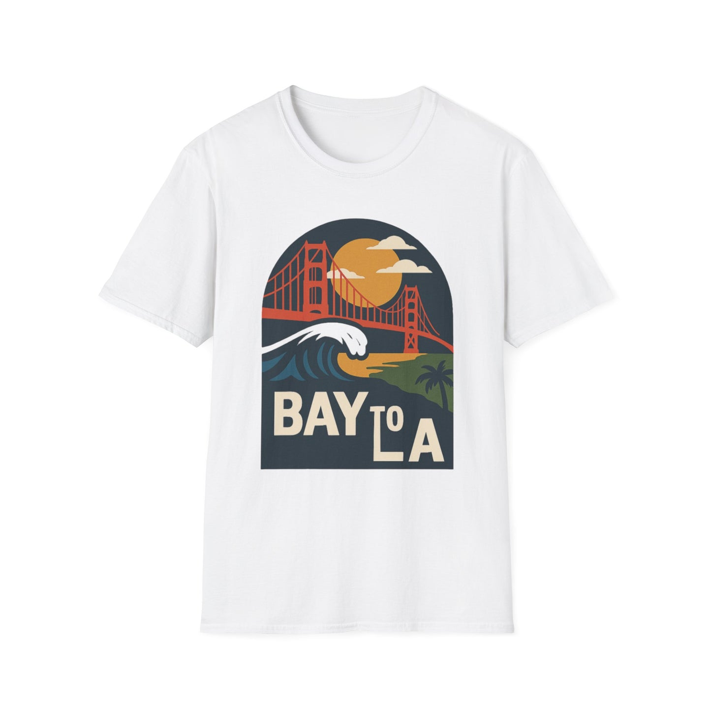 Bay to LA Unisex Softstyle T-Shirt, California Travel Tee, Retro Sunset Graphic Shirt, Beach Vacation Apparel, Gift for Travelers