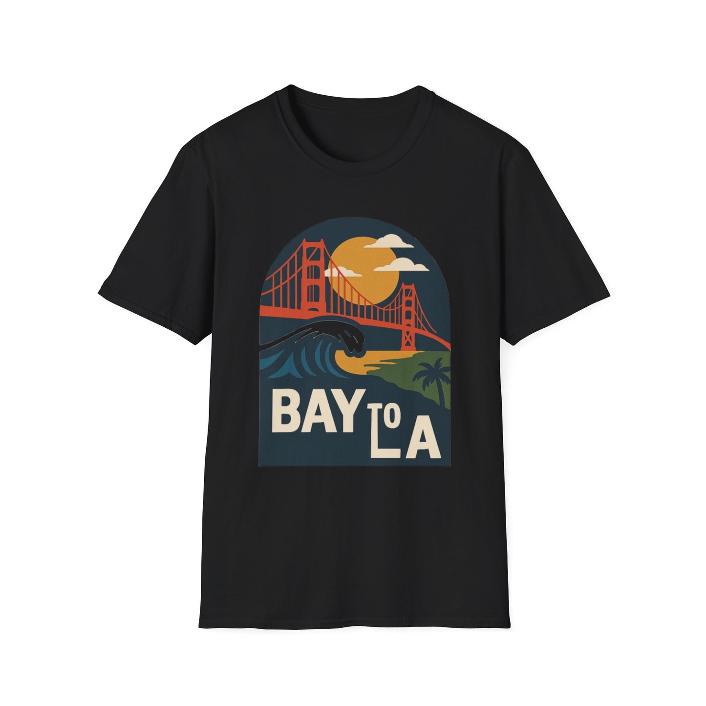 Bay to LA Unisex Softstyle T-Shirt, California Travel Tee, Retro Sunset Graphic Shirt, Beach Vacation Apparel, Gift for Travelers