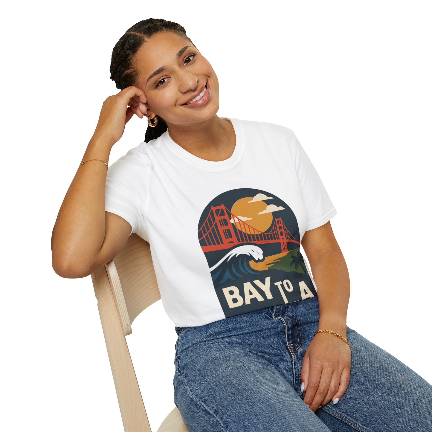 Bay to LA Unisex Softstyle T-Shirt, California Travel Tee, Retro Sunset Graphic Shirt, Beach Vacation Apparel, Gift for Travelers