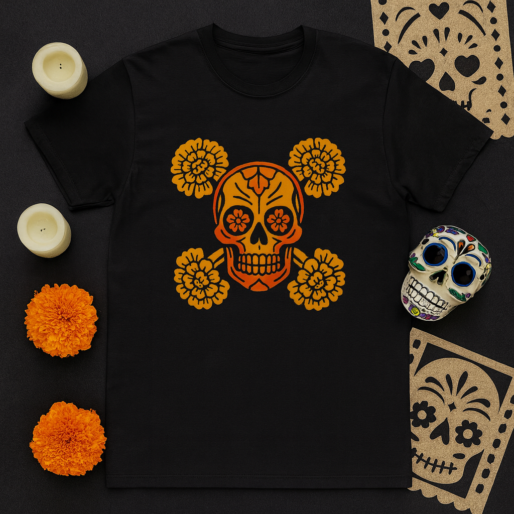 Day of the Dead Skull Tee, Unisex Cotton Crew Tee, Halloween Shirt, Festival Wear, Unique Graphic Tee, Gift for Him/Her