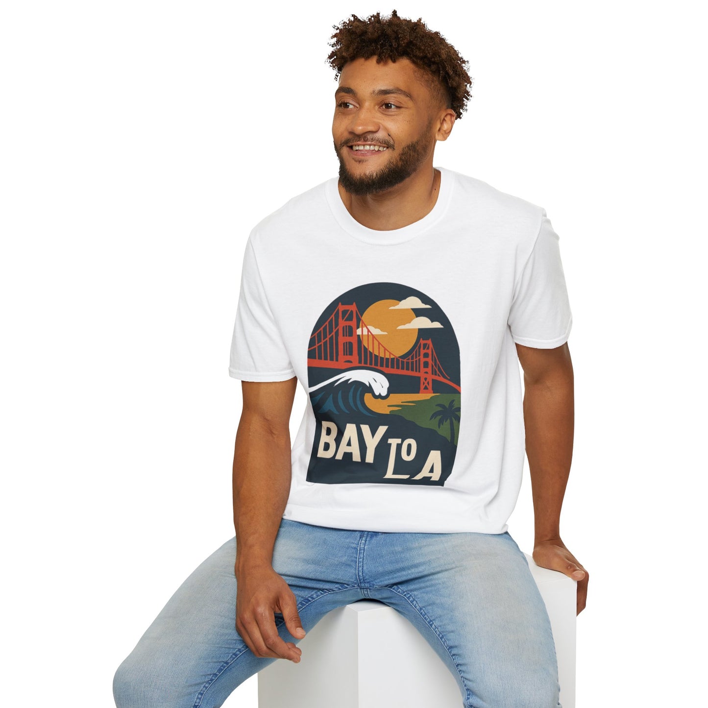 Bay to LA Unisex Softstyle T-Shirt, California Travel Tee, Retro Sunset Graphic Shirt, Beach Vacation Apparel, Gift for Travelers