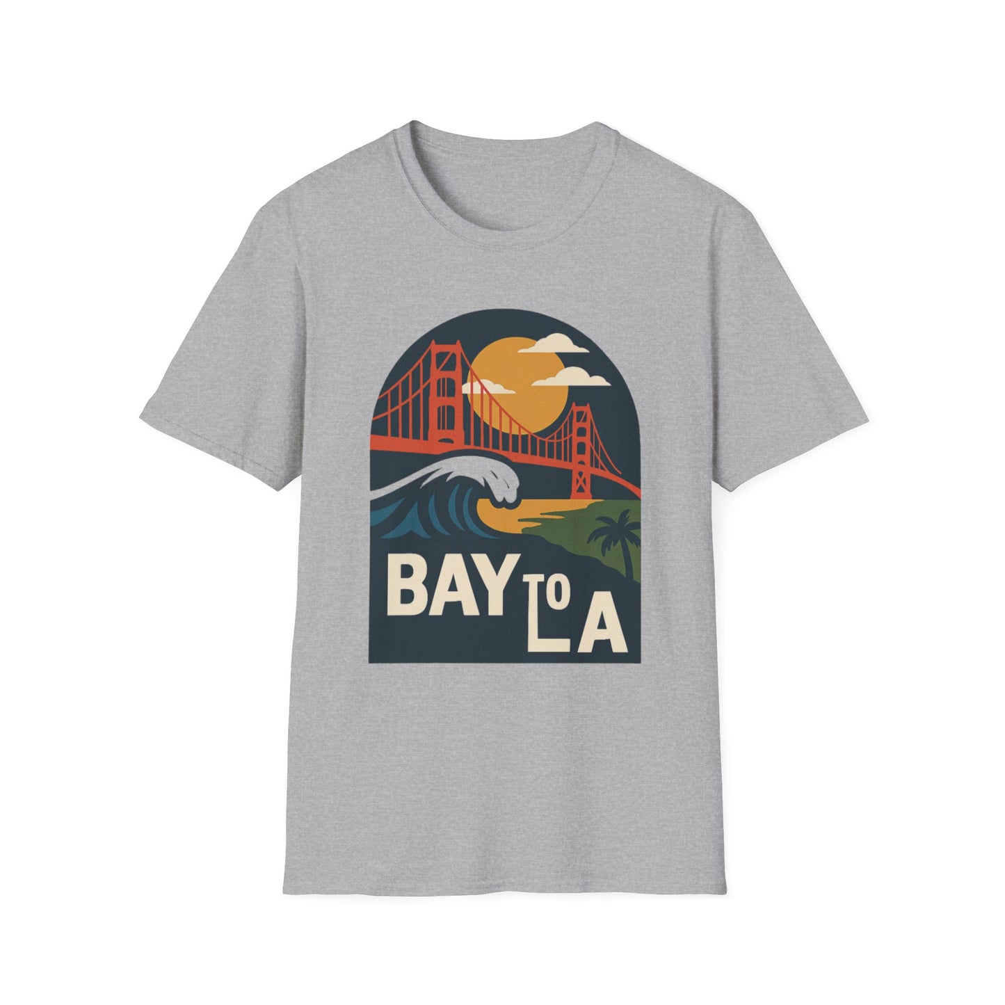 Bay to LA Unisex Softstyle T-Shirt, California Travel Tee, Retro Sunset Graphic Shirt, Beach Vacation Apparel, Gift for Travelers