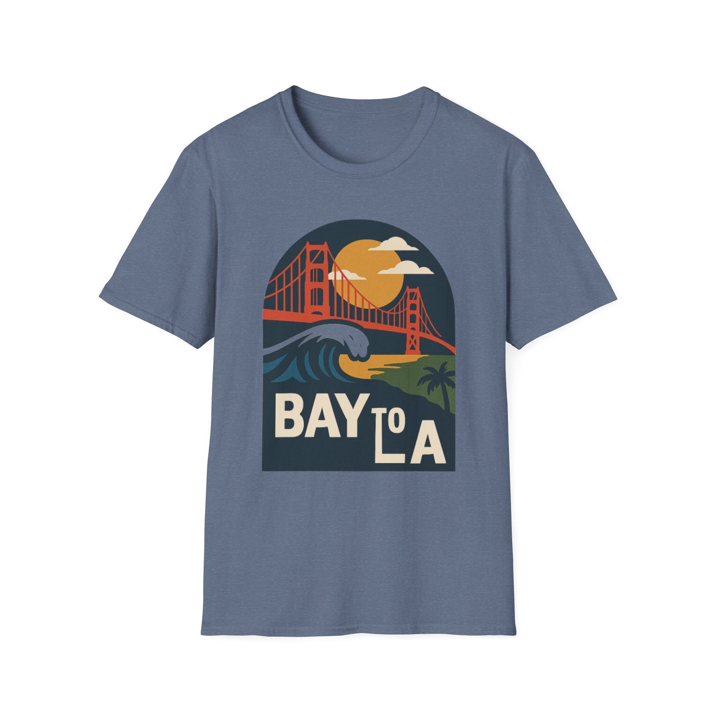 Bay to LA Unisex Softstyle T-Shirt, California Travel Tee, Retro Sunset Graphic Shirt, Beach Vacation Apparel, Gift for Travelers
