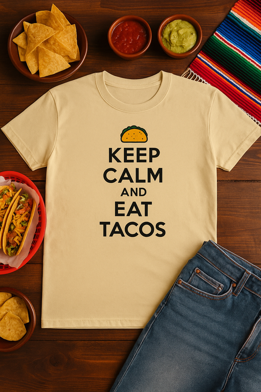 Funny Keep Calm and Eat Tacos Crew Tee, Unisex T-Shirt, Funny Food Shirt, Taco Lover Gift, Casual Wear, Summer Tee