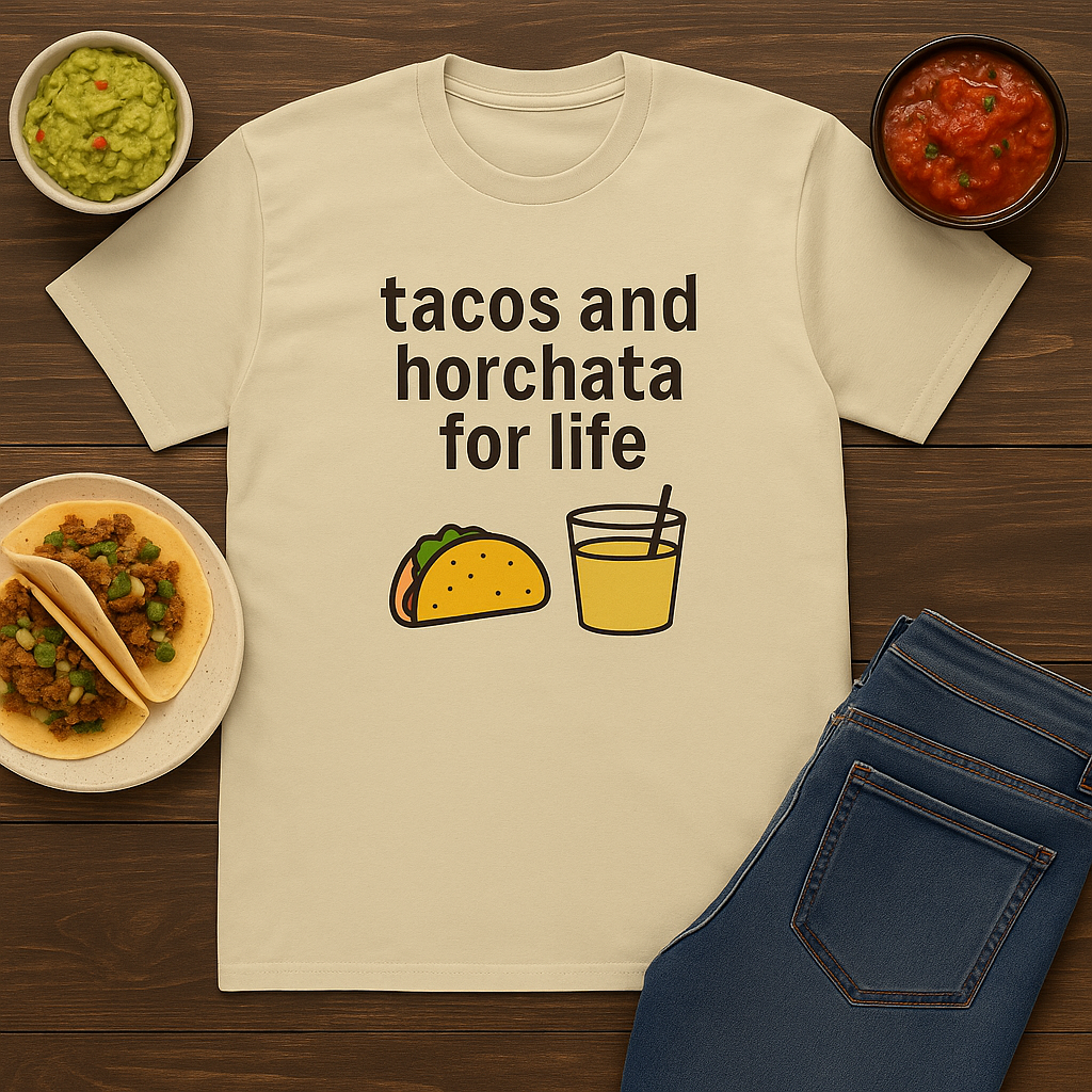 Funny Unisex Cotton Crew Tee - Tacos and Horchata for Life, Fun Foodie Shirt, Gift for Taco Lovers, Casual Wear, Summer Vibes