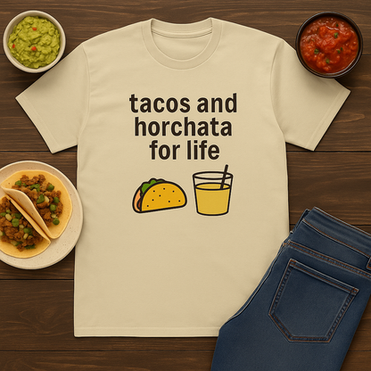 Funny Unisex Cotton Crew Tee - Tacos and Horchata for Life, Fun Foodie Shirt, Gift for Taco Lovers, Casual Wear, Summer Vibes