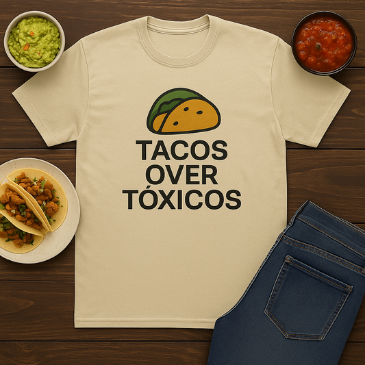 Funny Spanglish Taco Humor Tee, Tacos Over Tóxicos Shirt, Fun Food Art Tee, Cotton Crew Neck T-Shirt,Casual Wear, Tacos Lovers.
