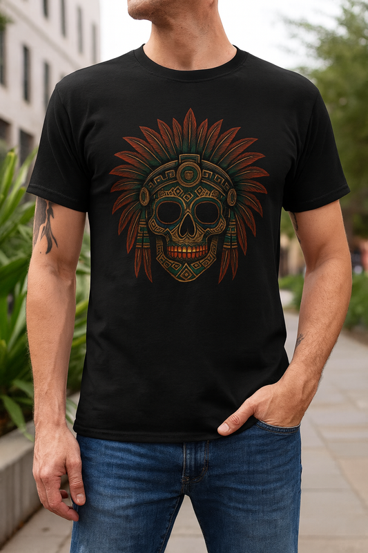 Mexican Aztec Skull Headdress Cotton Crew Tee, Casual T-Shirt, Graphic Tee, Halloween Shirt, Boho Fashion, Dia De Los Muertos.