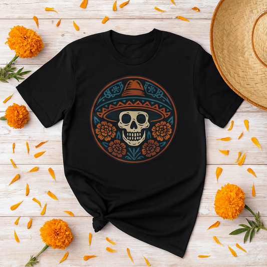 Skull Floral Cotton Crew Tee | Día de los Muertos Apparel, Casual Wear, Gift for Him, Unique Graphic Tee, Festival Attire