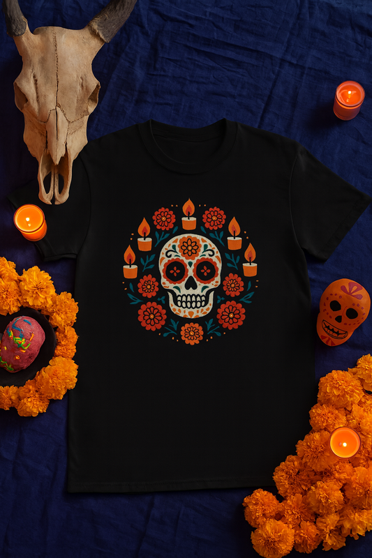 Mexican Dia de los Muertos Skull Crew Tee, Unisex Cotton T-Shirt, Halloween Gift, Day of the Dead Shirt.