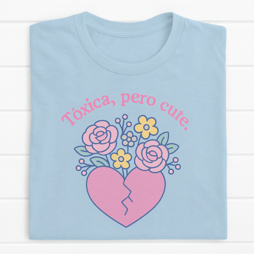 Funny Spanglish Women's Toxic Cute Heartbreak Crew Tee | Gift for Her, Casual Summer Shirt, Toxic Love, Floral Design, Trendy Fashion
