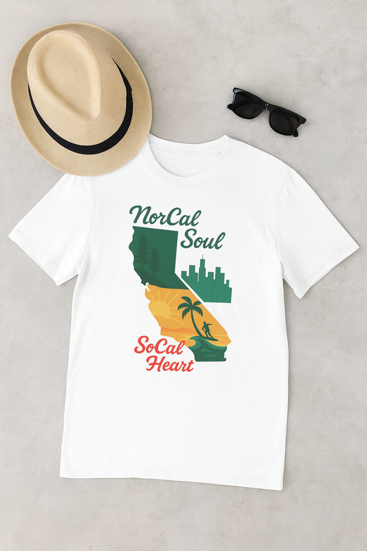 California Soul Unisex T-Shirt, SoCal Heart Gift, NorCal Soul Apparel, Casual Tee for Beach Lovers, California Pride Merchandise