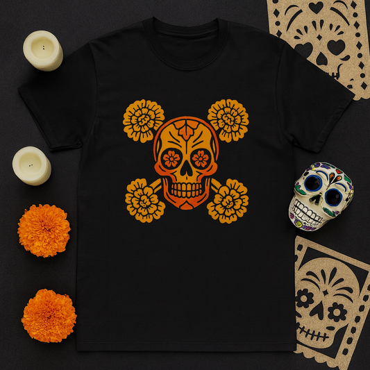 Day of the Dead Skull Tee, Unisex Cotton Crew Tee, Halloween Shirt, Festival Wear, Unique Graphic Tee, Gift for Him/Her