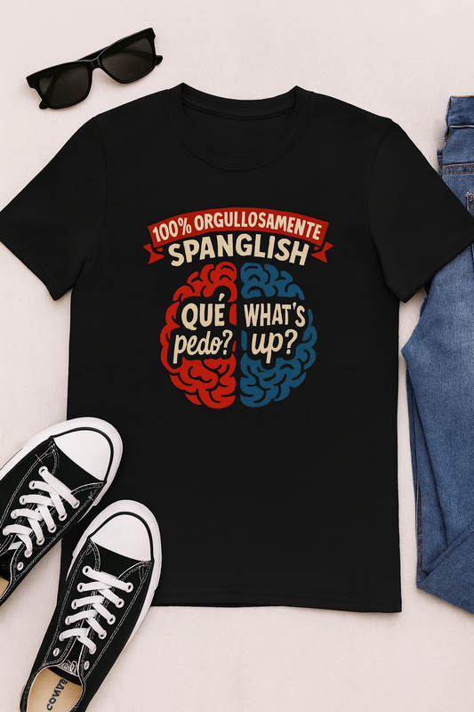 Funny Spanglish Brain Graphic Tee, Unisex Cotton Shirt, Fun Gift for Bilinguals, Casual Wear, Perfect for Parties, Holidays