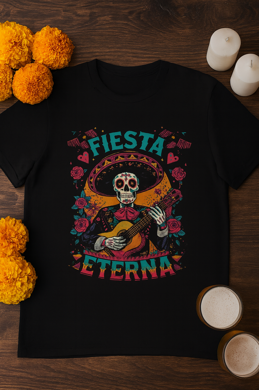 Fiesta Eterna Unisex T-Shirt - Fun Party Shirt for Celebrations, Day of the Dead Mariachi Costume, Gift for Music Lovers.