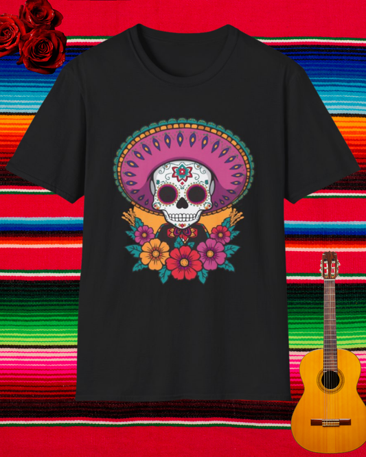 Colorful Skull Floral T-Shirt, Day of the Dead Tee, Softstyle Shirt, Floral Skulls for Halloween, Unique Gift for Men and Women
