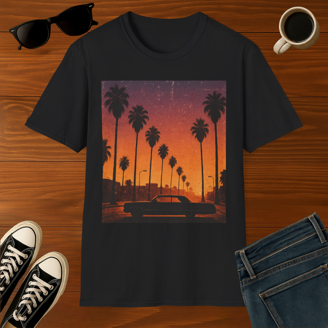 Sunset Palm Trees T‑Shirt — Retro Los Angeles Vintage Car Sunset Tee