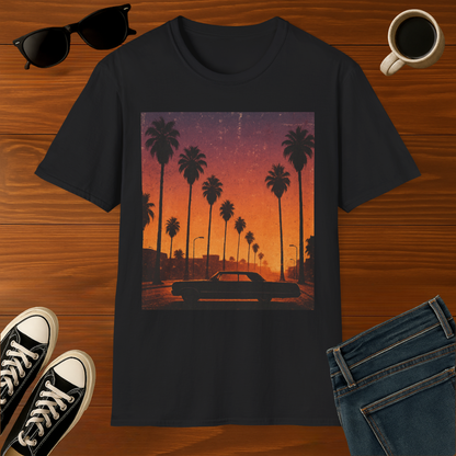 Sunset Palm Trees T‑Shirt — Retro Los Angeles Vintage Car Sunset Tee