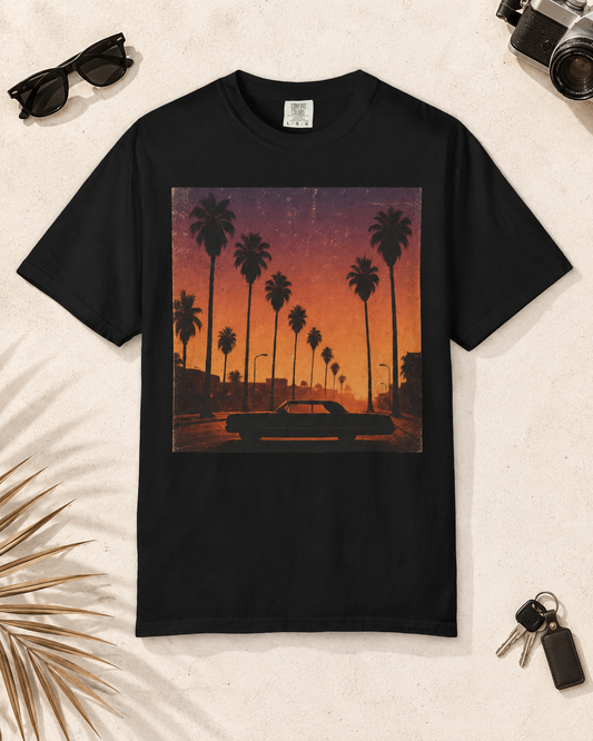 Sunset Palm Trees T‑Shirt — Retro Los Angeles Vintage Car Sunset Tee