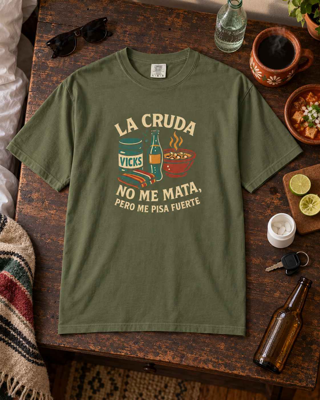 Funny Spanish Hangover Cruda Cotton Crew Tee - "La Cruda No Me Mata" for Parties, Birthdays, Humorous Gifts, Casual Wear.