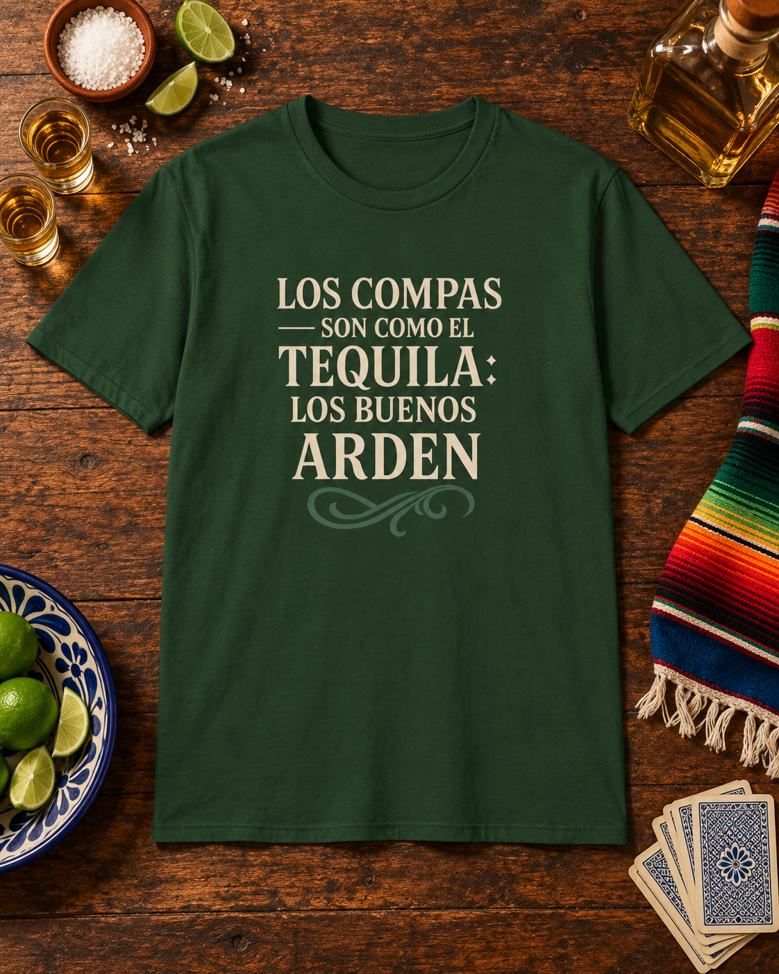 Cotton Crew Tee: "Los Compas Son Como El Tequila" - Funny Casual Shirt for Friends, Gifts, Birthdays, Celebrations, Parties