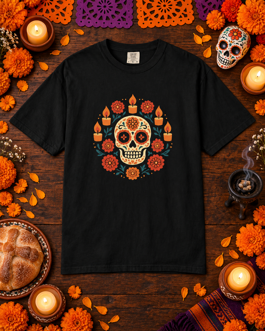 Mexican Dia de los Muertos Skull Crew Tee, Unisex Cotton T-Shirt, Halloween Gift, Day of the Dead Shirt.