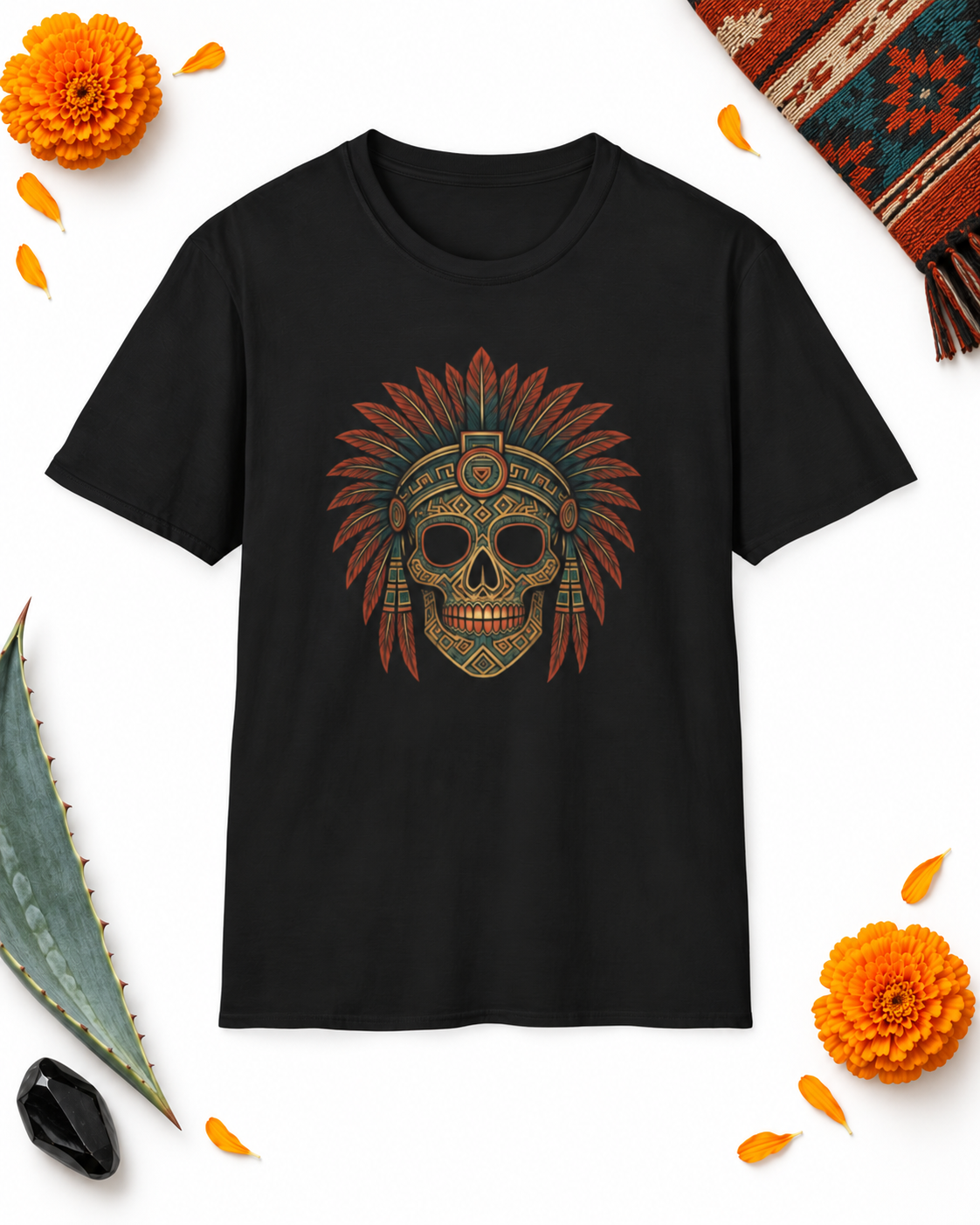 Mexican Aztec Skull Headdress Cotton Crew Tee, Casual T-Shirt, Graphic Tee, Halloween Shirt, Boho Fashion, Dia De Los Muertos.