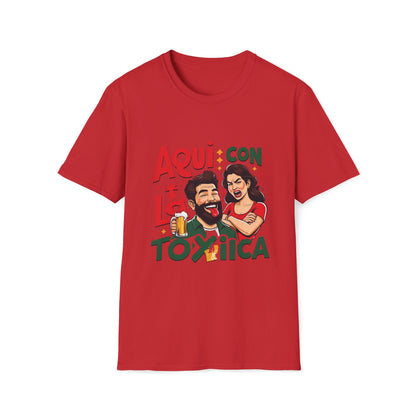 Aqui con La Toxica Cotton Crew Tee, Funny Tee, Gift for Beer Lovers, Casual Shirt, Comfortable Everyday Wear.