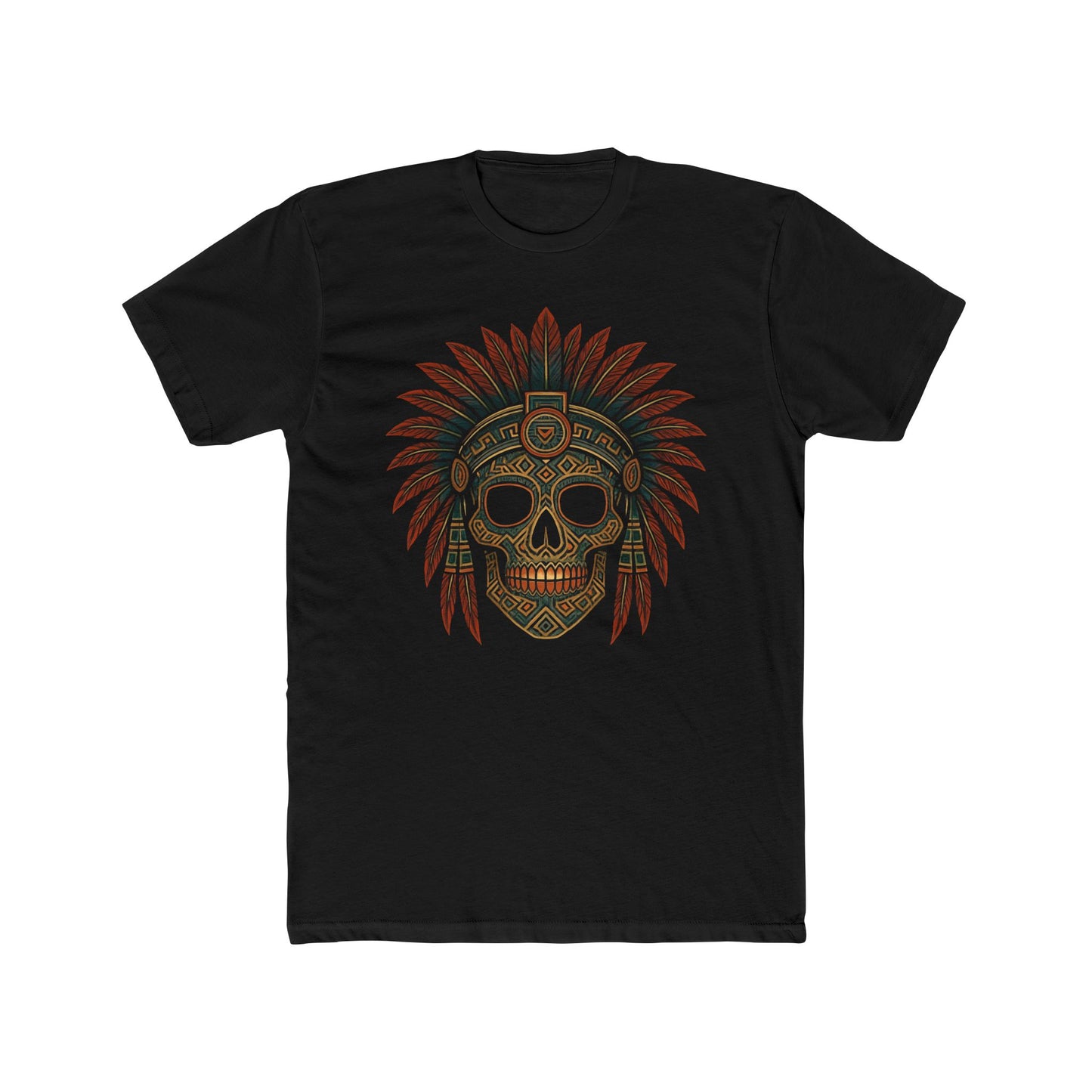 Mexican Aztec Skull Headdress Cotton Crew Tee, Casual T-Shirt, Graphic Tee, Halloween Shirt, Boho Fashion, Dia De Los Muertos.