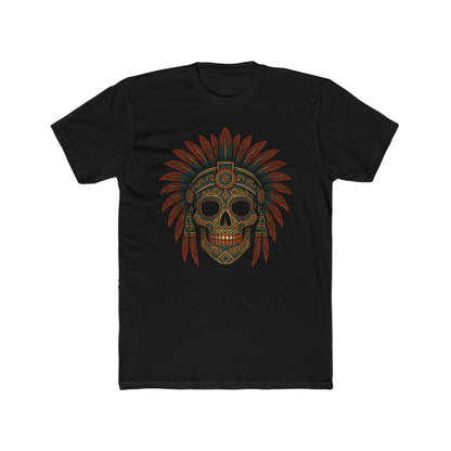 Mexican Aztec Skull Headdress Cotton Crew Tee, Casual T-Shirt, Graphic Tee, Halloween Shirt, Boho Fashion, Dia De Los Muertos.