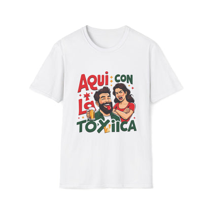 Aqui con La Toxica Cotton Crew Tee, Funny Tee, Gift for Beer Lovers, Casual Shirt, Comfortable Everyday Wear.