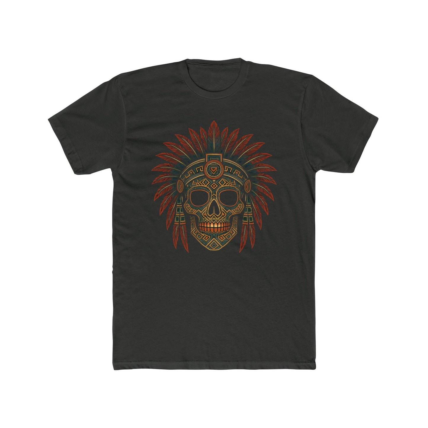 Mexican Aztec Skull Headdress Cotton Crew Tee, Casual T-Shirt, Graphic Tee, Halloween Shirt, Boho Fashion, Dia De Los Muertos.