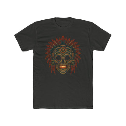 Mexican Aztec Skull Headdress Cotton Crew Tee, Casual T-Shirt, Graphic Tee, Halloween Shirt, Boho Fashion, Dia De Los Muertos.