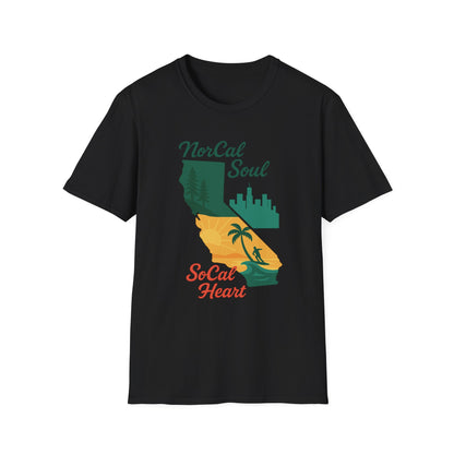 California Soul Unisex T-Shirt, SoCal Heart Gift, NorCal Soul Apparel, Casual Tee for Beach Lovers, California Pride Merchandise