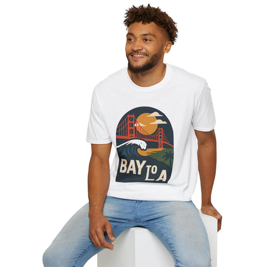 Bay to LA Unisex Softstyle T-Shirt, California Travel Tee, Retro Sunset Graphic Shirt, Beach Vacation Apparel, Gift for Travelers